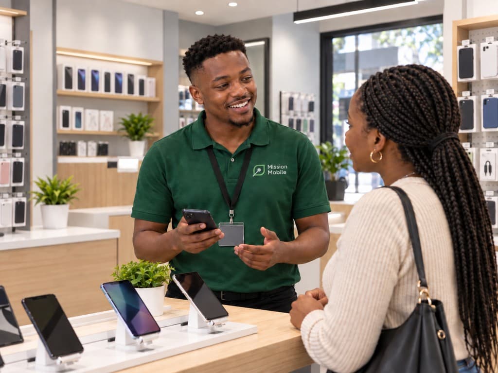 A Mission Mobile consultant showing a customer a smartphone at a store counter.