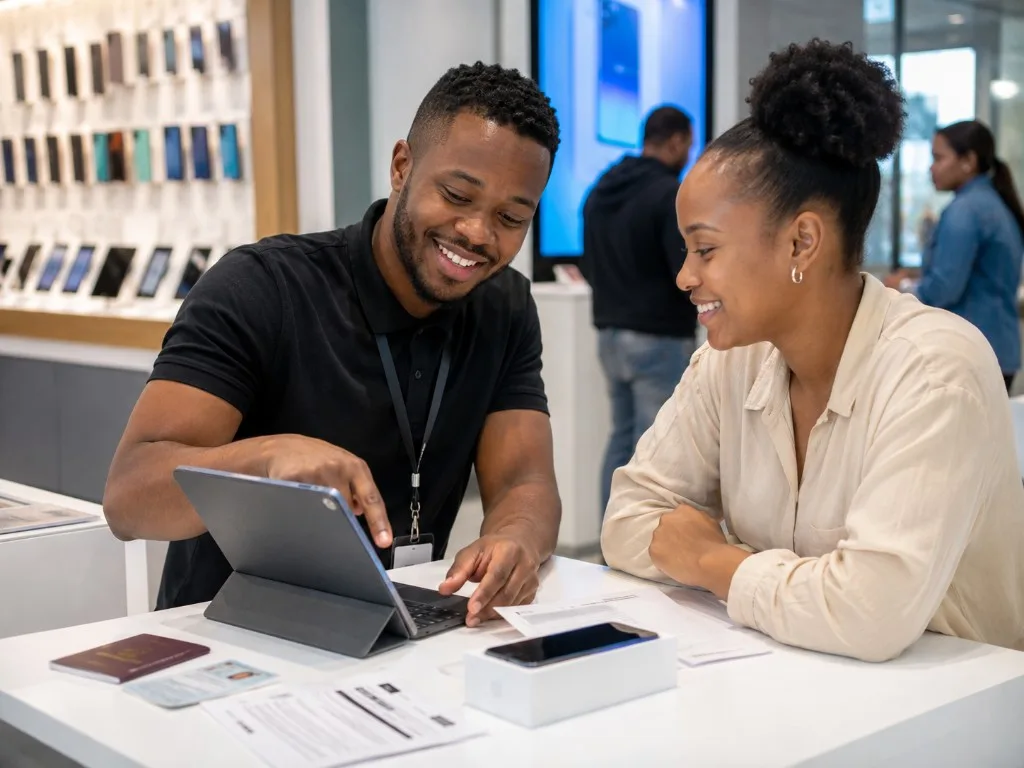 A retail agent helping a customer complete onboarding at the counter on a tablet