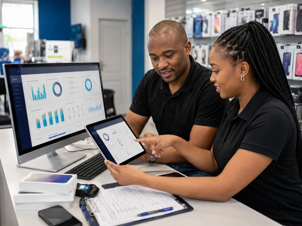 Dealers reviewing live sales dashboards on a monitor and tablet
