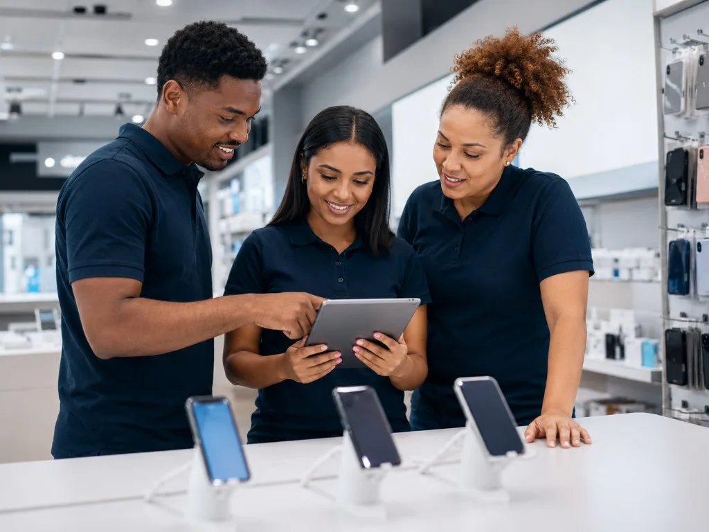 Store staff reviewing dealer tools together on a tablet