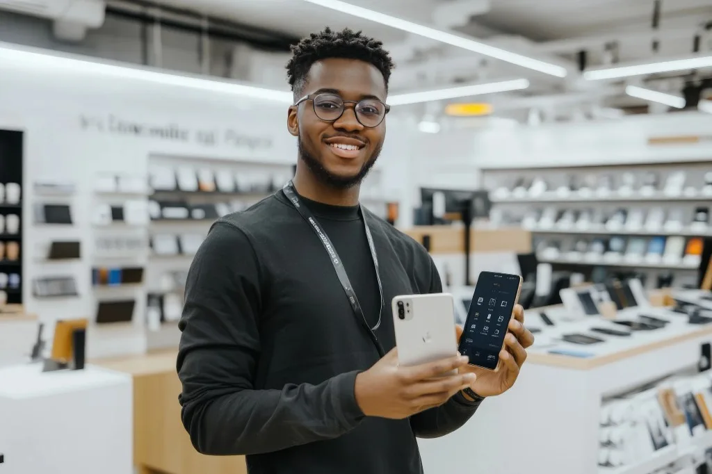 A store employee presenting a smartphone
