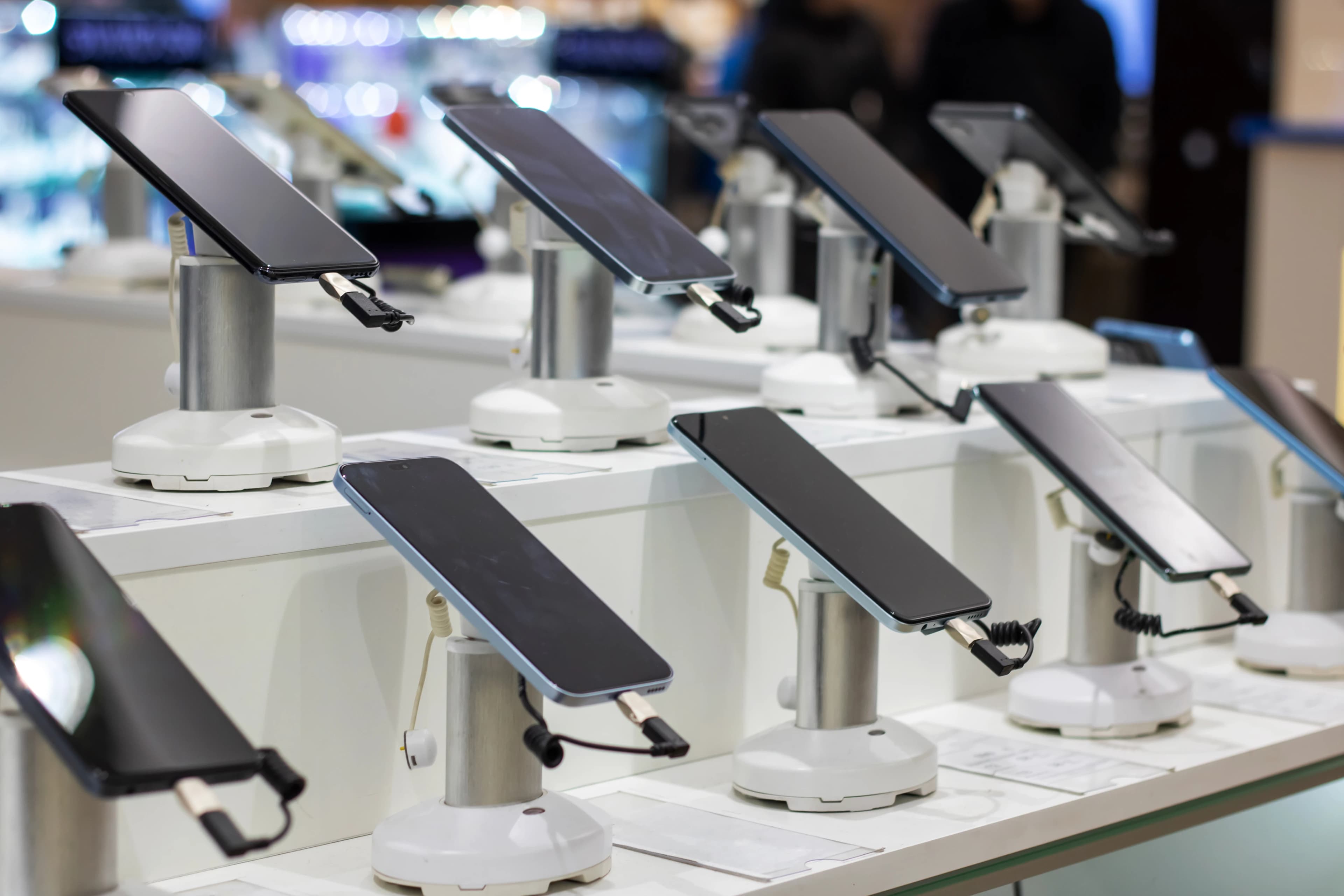 Smartphones on display in a retail store